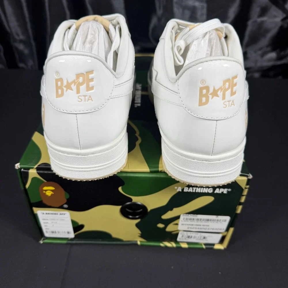A Bathing Ape BAPE STA Beige White Patent Leather Sneakers 1K80191306 Mens 9 NEW